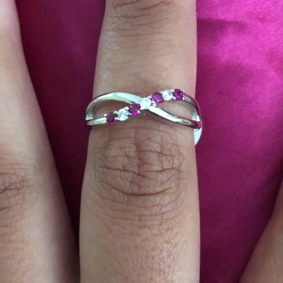 Lab created deep ruby and white topaz ring - Picture 2 of 3